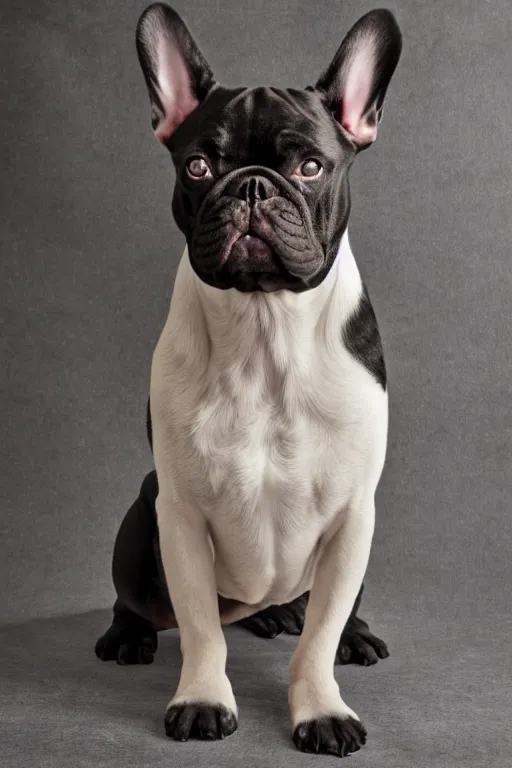 Prompt: full body portrait of a black french bulldog, symmetrical, detailed facial features, victorian female clothing, cinematic lighting, highly detailed, by annie leibovitz, 4 k,