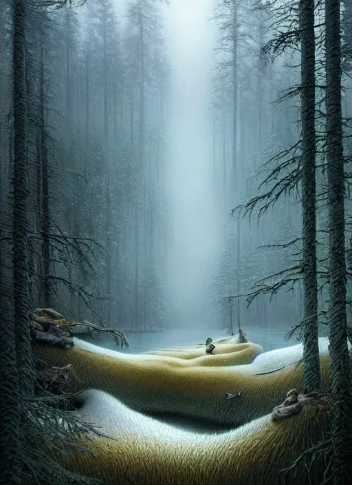 Image similar to a hyper-detailed 3d render like a Oil painting of beautiful-illusions of the Taiga ecosystem, surrealism!!!!! surreal concept art, lifelike, photorealistic, digital painting, aesthetic, smooth, sharp focus, Artstation HD, by Greg Rutkowski, Chris Tulloch McCabe, Valentina Remenar and Asher Duran,