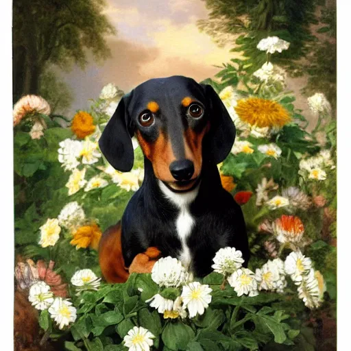 Image similar to Dachshund dog sitting in flowers, highly detailed photo in the style of Franz Xaver Winterhalter and Aetherpunk