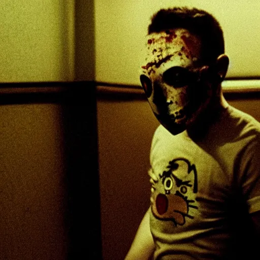 Image similar to film still of a bloodied psycho killer with a hello kitty mask walking on an empty street beneath a lamp, grainy, horror movie, creepy, eerie, dark, great cinematography, amazing lighting, directed by scott derrickson