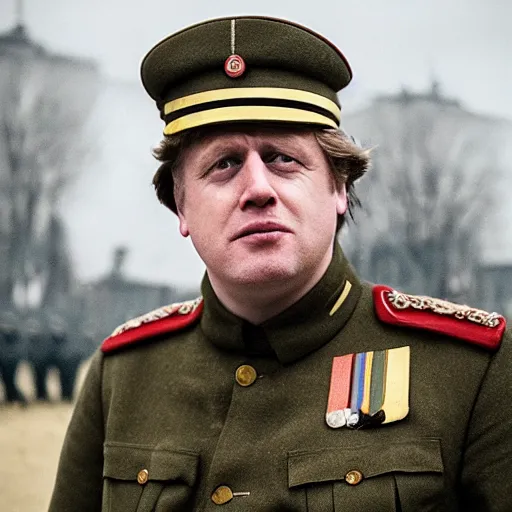 Image similar to movie scene boris johnson in ussr soldiers uniform, photorealistic, highly detailed 8 k