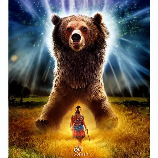 Image similar to shaman in the bear skin dancing in the field under the epic colourful rain, photo realistic, highly detailed, hyperrealistic, Chronicles of Narnia movie style 8k,