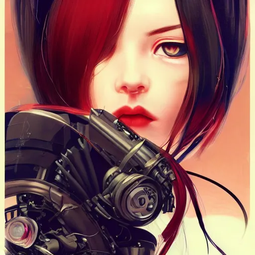 Image similar to A beautiful cyborg woman with big and cute eyes || ANIME, fine-face, red and black robotic parts, realistic shaded perfect face, fine details. Anime. realistic shaded lighting poster by Ilya Kuvshinov katsuhiro otomo ghost-in-the-shell, magali villeneuve, artgerm, Jeremy Lipkin and Michael Garmash, Rob Rey and Kentarõ Miura style, trending on art station