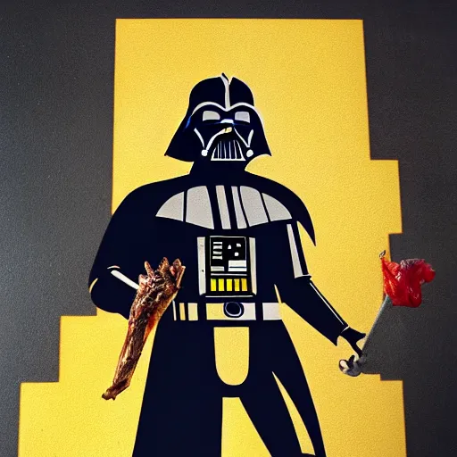 Prompt: gold bordered mural of a futuristic darth vader holding a turkey leg, hyper realistic, cyberpunk, nightcore, 4 k, highly detailed, beautifully rendered