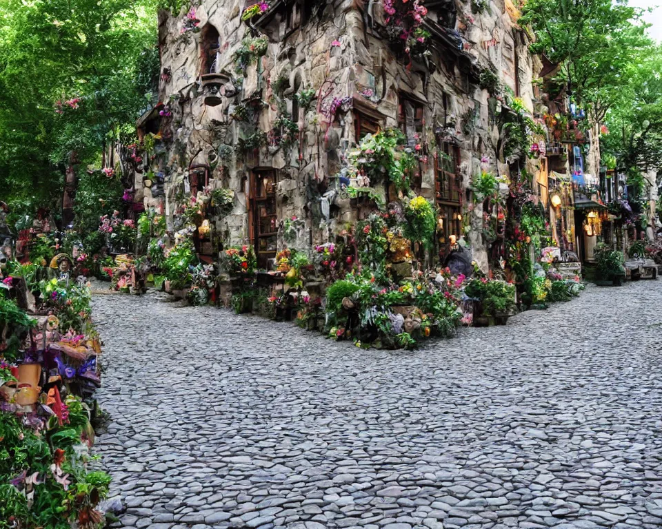 Prompt: cobblestone streets filled with fae, magical, faerie, fanciful