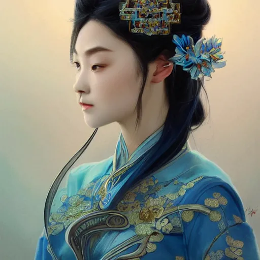 Image similar to 'elegant Chinese princess, D&D, blue eyes, black hair, fantasy, intricate, elegant, highly detailed, digital painting, artstation, concept art, smooth, sharp focus, illustration, art by artgerm and greg rutkowski and alphonse mucha'