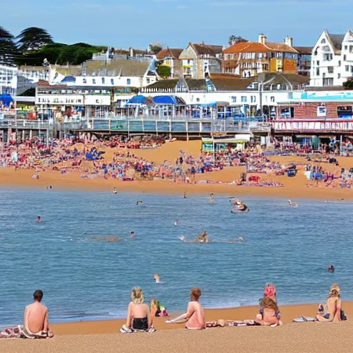 Prompt: photo of paignton seafront with sunbathers