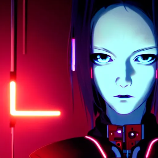 Prompt: cyberpunk movie still from the animatrix in the style of arcane : : small female android cyborg - angel, glowing red left eye and glowing blue right eye : : cinematic lighting, advanced digital cyberpunk art : : wlop, rossdraws sakimimichan, ilya kuvshinov, krenz cushart, greg rutkowski