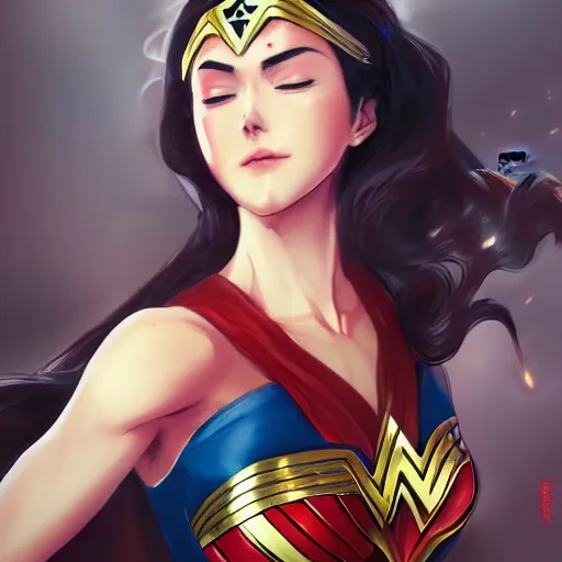 Prompt: A realistic anime wonder woman with wearing a kimono, digital painting, by WLOP and Rossdraws, digtial painting, trending on ArtStation, deviantart