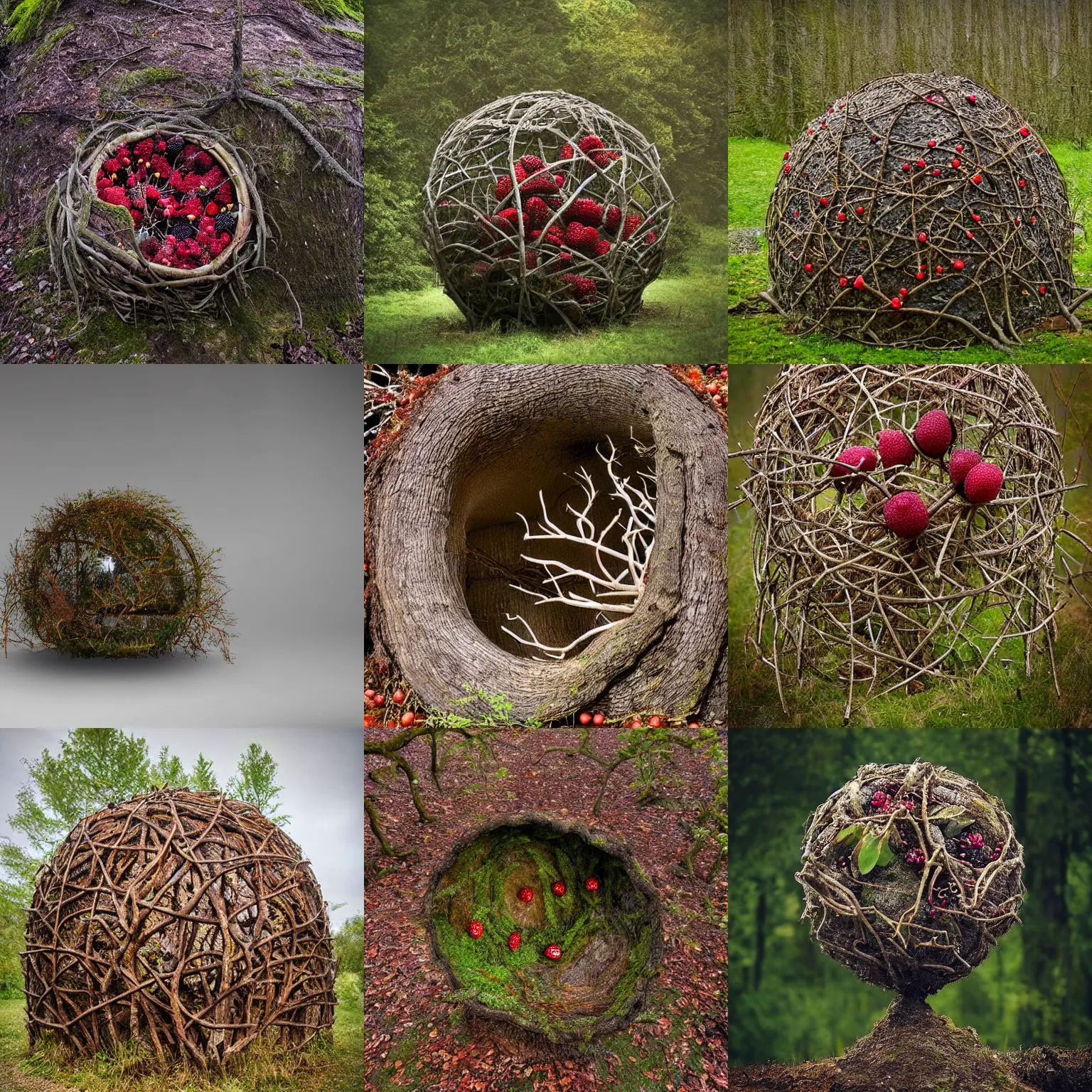 Prompt: an environment art sculpture by Nils-Udo, leaves twigs wood, nature, natural, round form, berries inside structure, beautiful