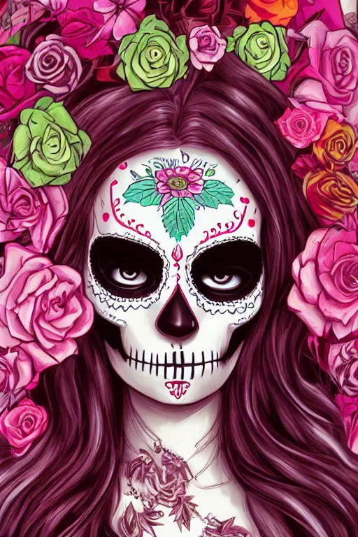 Prompt: illustration of a sugar skull day of the dead girl, art by ross tran