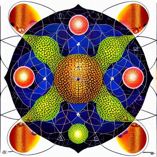 Prompt: cassiopeia, taurus, orion, planets, moon, soap bubbles, chakras, sacred geometry, fibonacci sequence, golden ratio, tantra, electron diffraction patterns of 5 - fold quasicrystals, sea urchin shell, sand dollar, by tony fitzpatrick