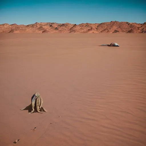 Image similar to 🐋🦖🐙 👽 🐳 in desert, photography