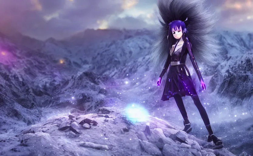 Prompt: beautiful Himalayan sci-fi princess with purple cat-eyes, silver and black hair split, glowing crystals on the ground, somber, scene of a blizzard on the mountain overlooking a futuristic village, 8k hdr pixiv dslr photo by Makoto Shinkai and Wojtek Fus, 3d realisitc anime, final fantasy 14 style