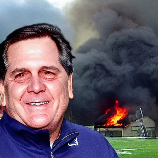 Prompt: a photo of a house burning down in the background and coach belichick with an eerie smile in the foreground, strong depth of field