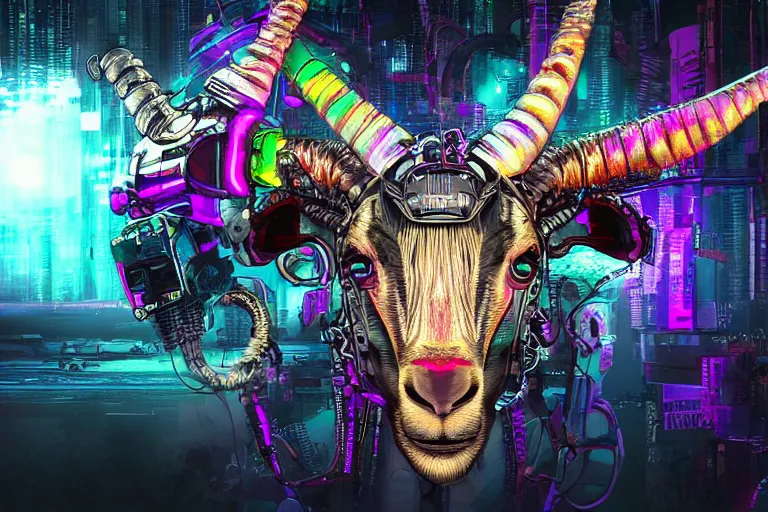 Image similar to complex cyberpunk machine background merged with evil cybernetic goat head in center focus, multicolored digital art