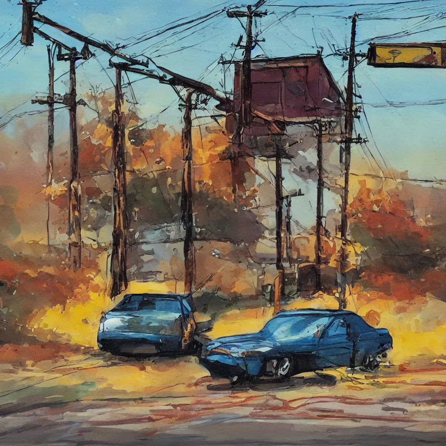 Prompt: a painting of a frightened car being menaced by telephone poles, saturated color scheme