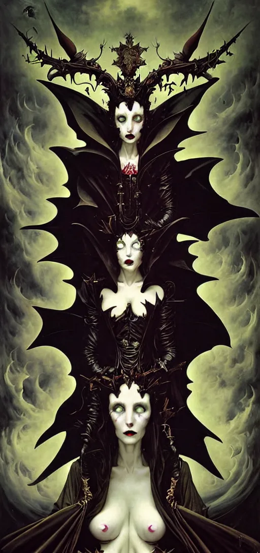 Prompt: baroque oil painting of vampire queen in gothic robes with bat wings, by nekro, peter mohrbacher, alphonse mucha, brian froud, yoshitaka amano, kim keever, victo ngai, james jean