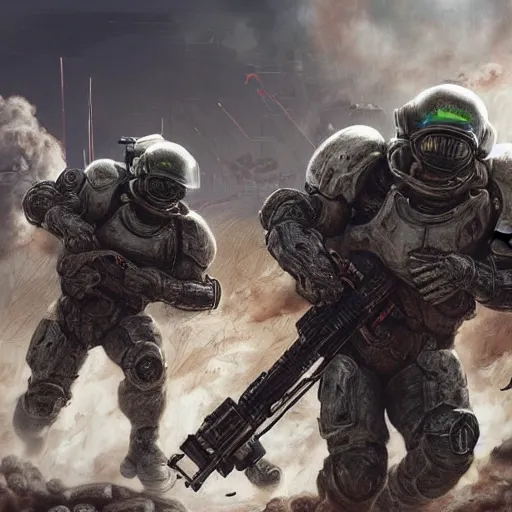 Image similar to hyper realism, surrealism, realistic apocalyptic war scene, explosions, science - fiction soldiers running with armour like doom slayer in the middle of explosions and bullets, view from far away,