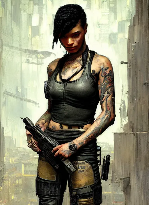 Prompt: maria igwe. cyberpunk mercenary with tattoos wearing a military vest and combat jumpsuit. (Cyberpunk 2077, bladerunner 2049). Iranian orientalist portrait by john william waterhouse and Edwin Longsden Long and Theodore Ralli and Nasreddine Dinet, oil on canvas. Cinematic, hyper realism, realistic proportions, dramatic lighting, high detail 4k