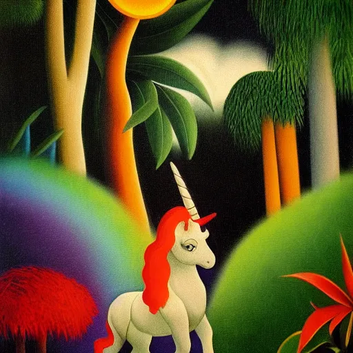 Image similar to A unicorn walking over a rainbow in the jungle by Henri Rousseau, trending on artstation