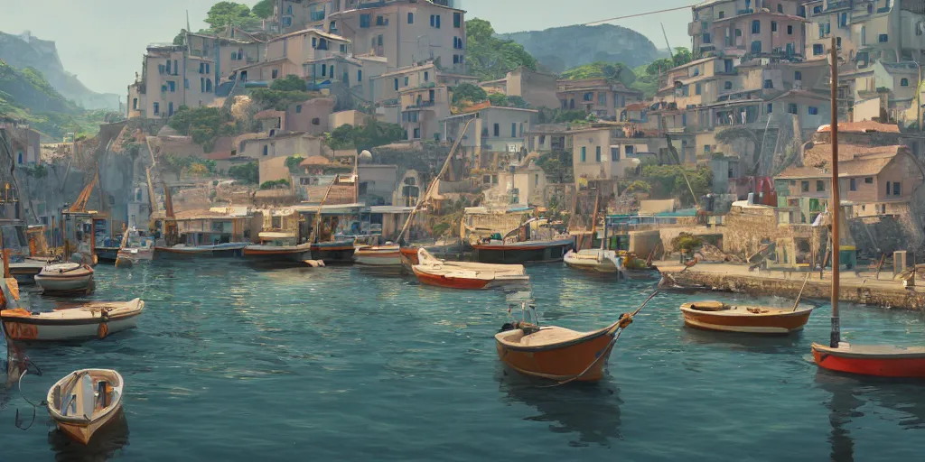 Image similar to a film still of fishing harbour in a small Italian seaside village, medium shot, waist up, studio Ghibli, Pixar and Disney animation, sharp, Rendered in Unreal Engine 5, anime key art by Greg Rutkowski, Bloom, dramatic lighting