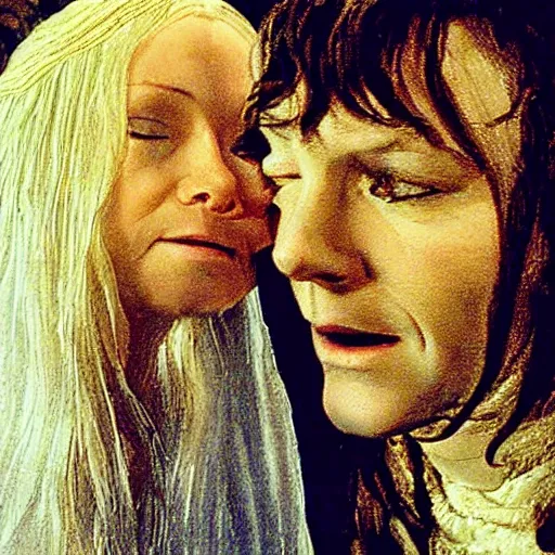 Prompt: galadriel kissing a hobbit