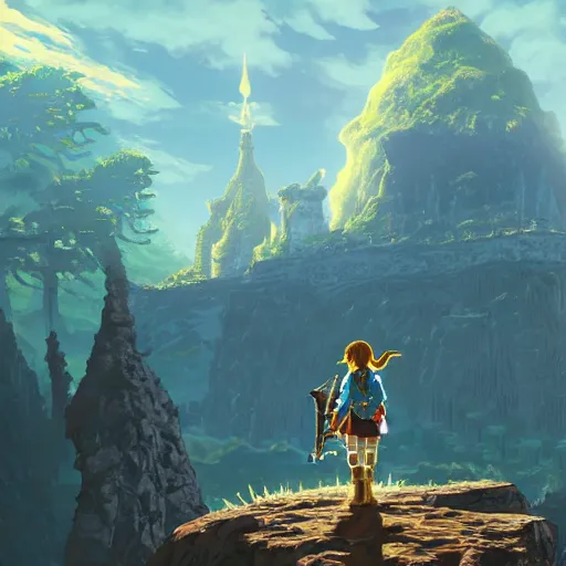 Image similar to An imposing and highly ornamented fantasy castle, Carved from Sapphire stone, Atmosphere, Dramatic lighting, Beautiful Landscape, Epic composition, Wide angle, by Miyazaki, Nausicaa Ghibli, Breath of The Wild