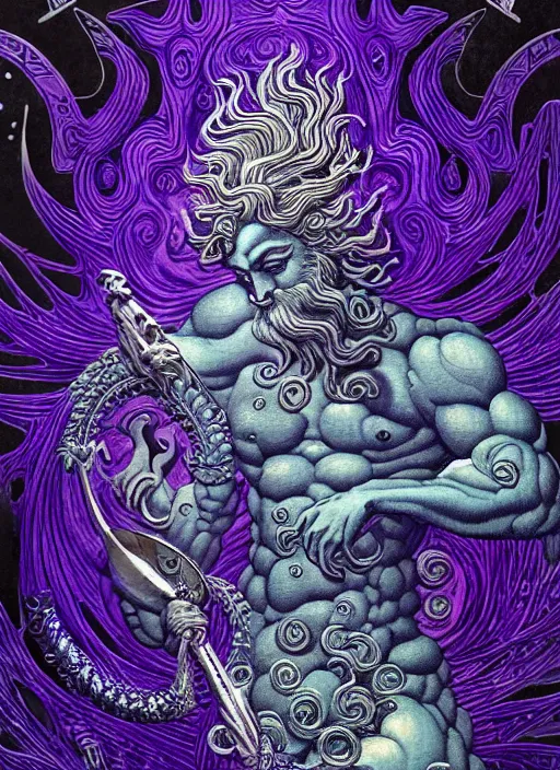 Prompt: detailed poseidon god of the sea holding the trident weapon + in storms and earthquakes while horses running, by hokusai and james gurney + black paper with intricate and vibrant purple line work + tarot card + mandelbulb fractal + full of silver layers + portrait + trending on artstation + incredible purple and black gothic illustration + exquisite detail