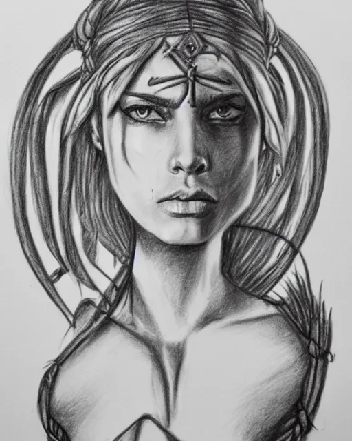 Image similar to A beautiful female warrior on a pirate ship at a deserted island, blended outline, realism pencil drawing on white paper, bald lines
