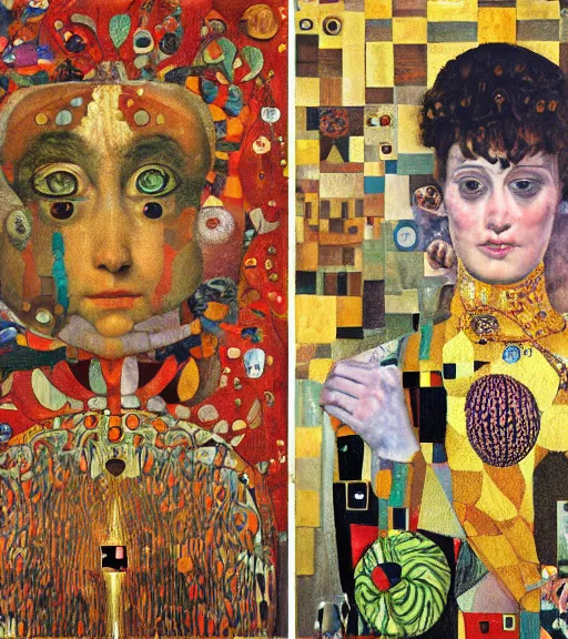 Prompt: an oil painting by arcimboldo, by gustav klimt, by georgia o keeffe, by giger seen through a kaleidoscope, detailed, high resolution, scratches,