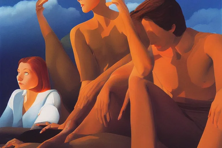 Prompt: beautiful painting of friends, beautiful faces, sitting on the edge, cute, soft light, digital painting by ralph mcquarrie and herbert bayer