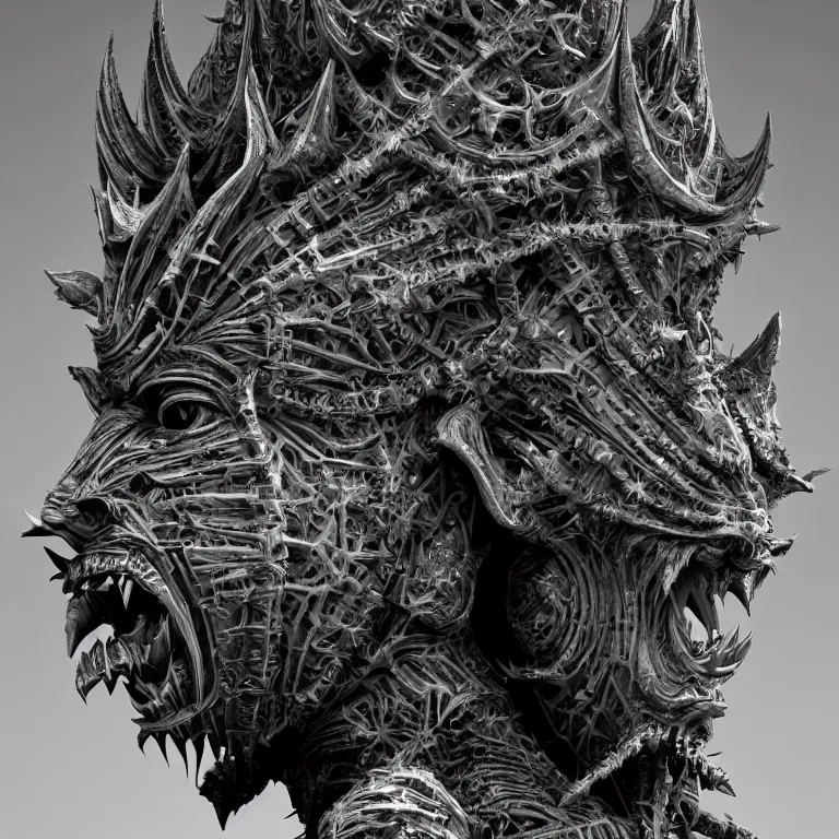 Image similar to biomechanical symmetrical spiky spinal ribbed surreal yama buddhist demon face portrait detailed beautiful BW digital art 3D render sculpture by Giger beautiful detailed intricate insanely detailed octane render, 8K artistic photography, photorealistic