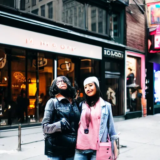 Image similar to <photo hd dslr location='New York City'>Two people in front of a store</photo>