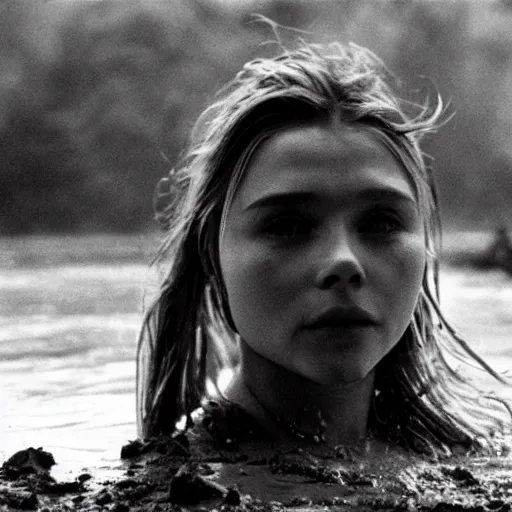 Prompt: film still, close up, chloe grace moretz rising out of muddy vietnam river, face covered in mud, low camera angle at water level, night time, film still from apocalypse now ( 1 9 7 9 ), 2 6 mm.