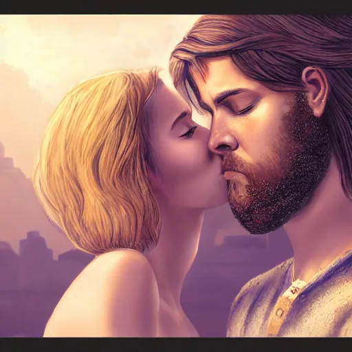 Image similar to jesus kissing a sensual woman in jerusalem, elegant, highly detailed, digital painting, artstation, concept art, matte, sharp focus, highly detailed, 4 k, hdr, smooth, sharp focus, high resolution, award - winning photo, photorealistic large shot