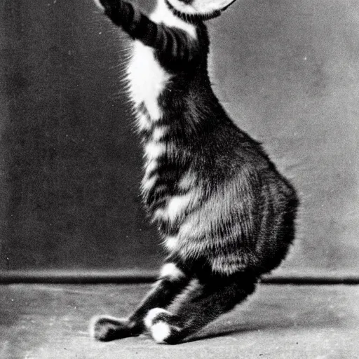 Prompt: daguerrotype of rare photo of cat dancing on hind legs from 1 8 7 9, vintage 1 9 th century photography