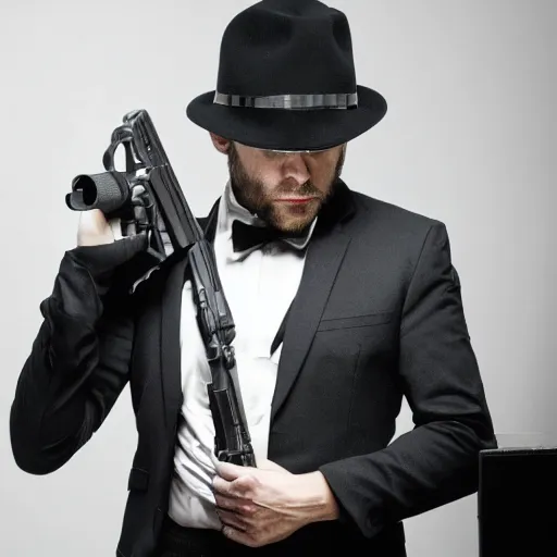 Image similar to serious looking man in a black suit and black fedora hat. he has a big silver gun, 4 k, atmospheric, epic scene, strong shadows, high contrast