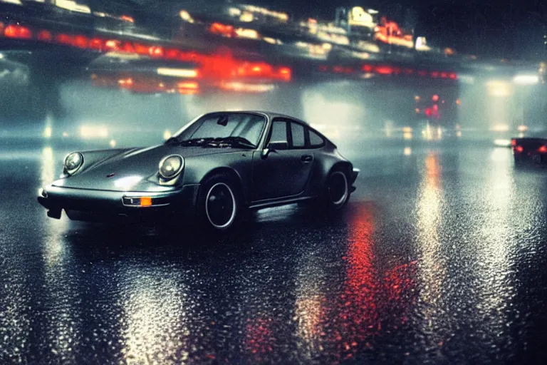 Prompt: a single 1 4 8 0 porsche 9 1 1, speeding down tokyo highway in the rain, night time, lightning, movie still from bladerunner