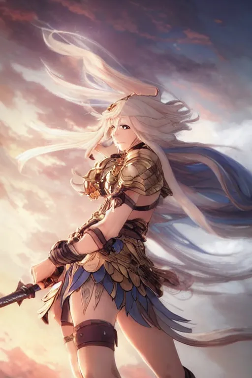 Prompt: beautiful attrative face valkyrie with stormy wind and fire cloud around her, light flowing hair, anime key visual, absurdly beautiful, highly detailed, sharp focus, concept art, granblue fantasy, anime by serafleur / d pin / rongzhen luo / mingdosa / ruan jia / gemi ningen