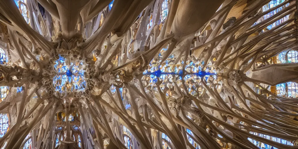 Image similar to sculpted Sagrada Familia ceiling by Antoni Gaudi, symmetrical, volumetric light