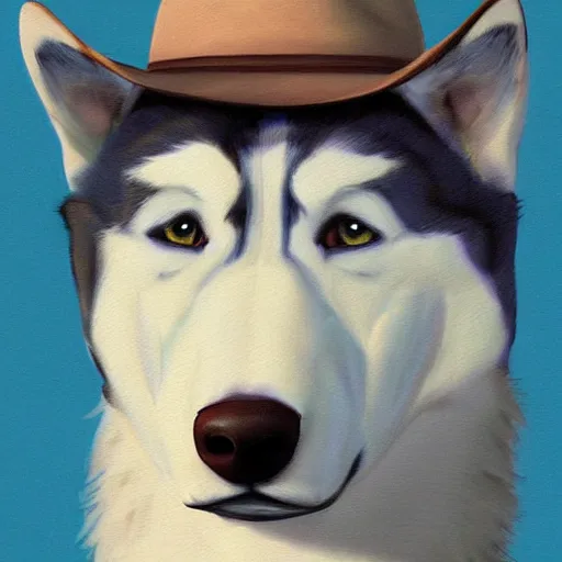 Image similar to a portrait painting of a husky in cowboy costume, wearing a cowboy hat, by [ studio ghibli ], trending on artstation