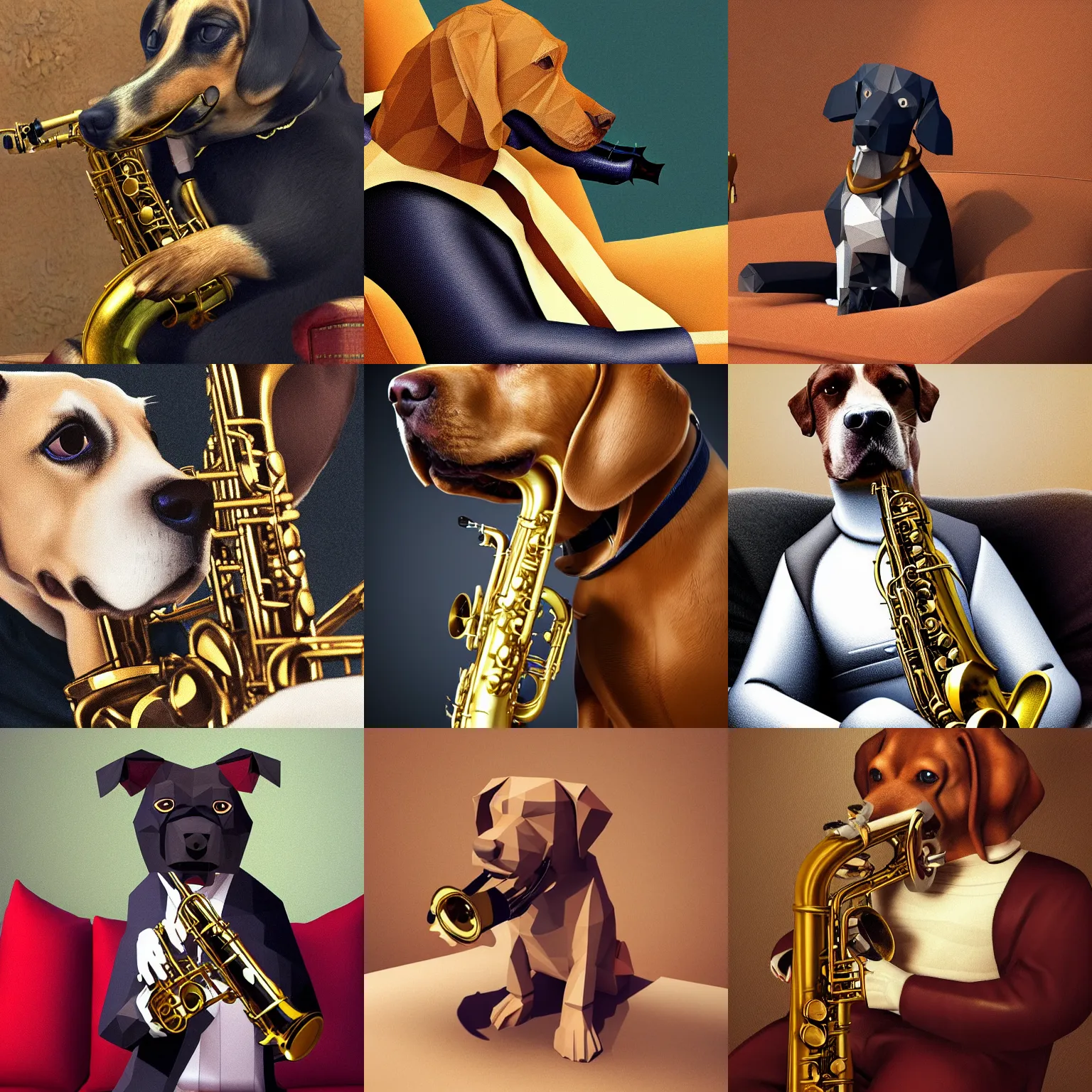 Prompt: dog playing the saxophone, sitting on the sofa, medieval portrait, low poly, close up