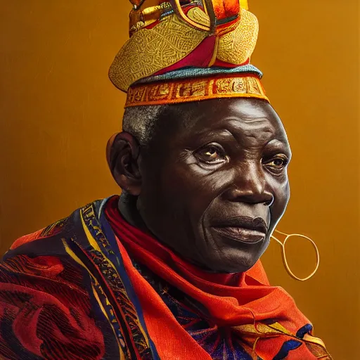 Image similar to a painting of a elegant wise elder from Kenya by Kehinde Wiley . dramatic angle, ethereal lights, details, smooth, sharp focus, illustration, realistic, cinematic, artstation, award winning, rgb , unreal engine, octane render, cinematic light, macro, depth of field, blur, red light and clouds from the back, highly detailed epic cinematic concept art CG render made in Maya, Blender and Photoshop, octane render, excellent composition, dynamic dramatic cinematic lighting, aesthetic, very inspirational, arthouse.