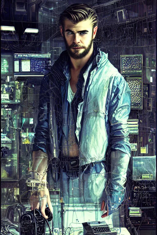 Prompt: hyperrealist cyberpunk portrait of a young ducktail bearded middle eastern chris hemsworth, it is decorated with long computer wires and computer monitors in the cyberpunk office background. by jeremy mann and alphonse mucha, fantasy art, photo realistic, dynamic lighting, artstation, poster, volumetric lighting, very detailed faces, 4 k, award winning