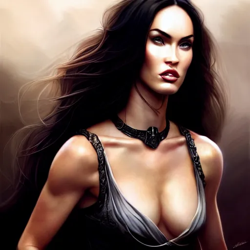 Image similar to portrait of megan fox, muscular upper body, collared, greek, jewelry, black dress, fantasy, intricate, elegant, highly detailed, digital painting, artstation, concept art, matte, sharp focus, illustration, art by aenaluck and roberto ferri and greg rutkowski, epic fantasy, digital painting