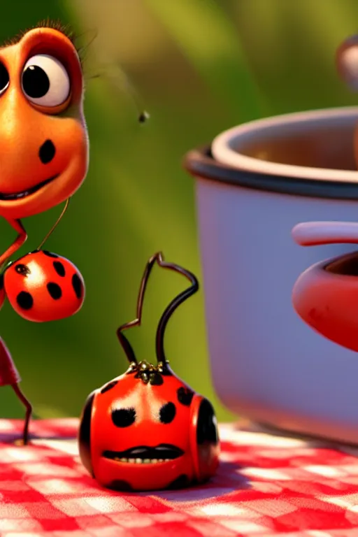 Prompt: a red ladybug with big eyes on side of a cup of coffee and a suggar pot at picnic. pixar disney 4 k 3 d render movie oscar winning trending on artstation and behance. ratatouille style.