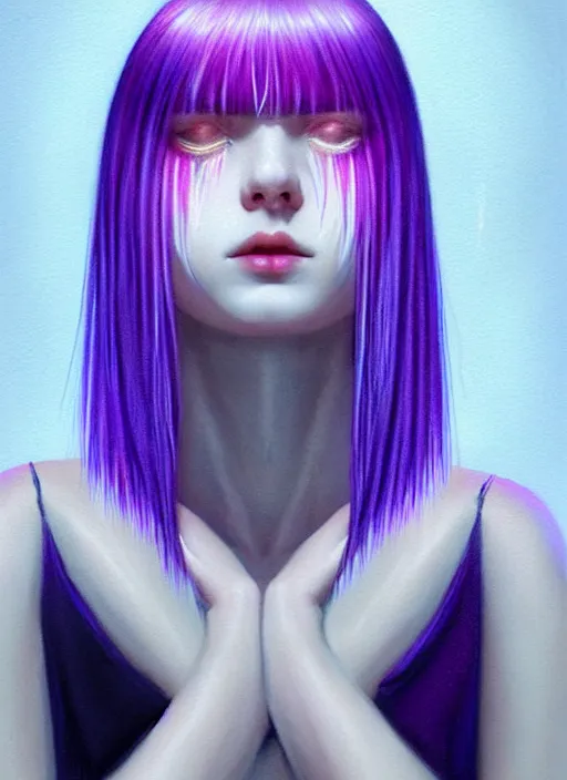 Image similar to hair whitebangs hair, black hair, whitebangs, portrait of teenage girl with white bangs, red irises, purple clothes, white bangs, bangs are different color from hair, intricate, elegant, glowing lights, highly detailed, digital painting, artstation, concept art, smooth, sharp focus, illustration, art by wlop, mars ravelo and greg rutkowski