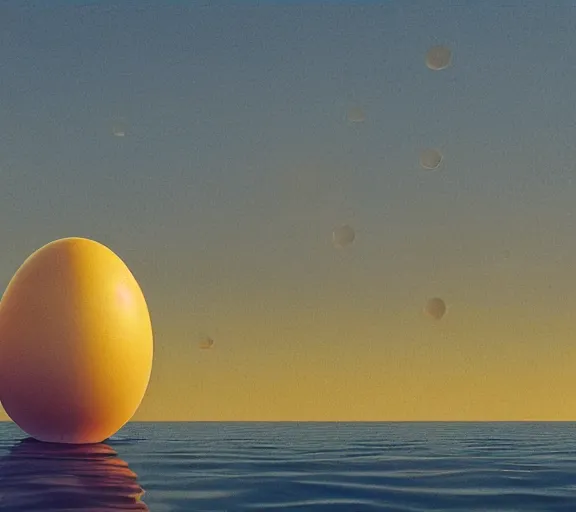 Prompt: luigi floating on an egg over the sea, wide shot, dramatic, golden hour