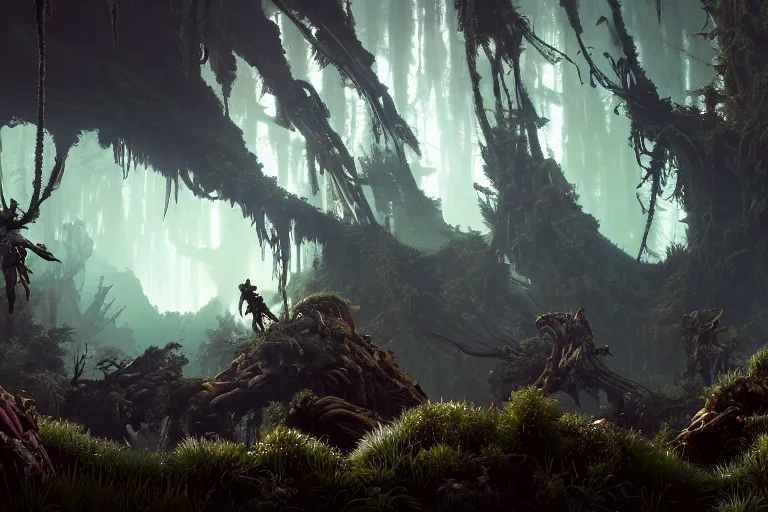 Image similar to wide epic shot from horizon forbidden west. a hyper detailed organic mechanic creatuve realistic similar look as horizon forbidden west horizon zero dawn, bioluminiscence in a dark deep forest at dawn in spring, with reflection and textures, by kilian eng, substance painter reaslitic mech surface metal painted scratches, world env from horizon forbidden west horizon zero dawn